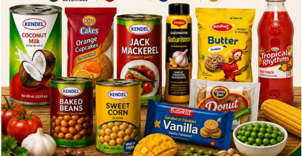 A spread of Jamaican food products from the OPL catalogue — canned goods, snacks, cakes and beverages